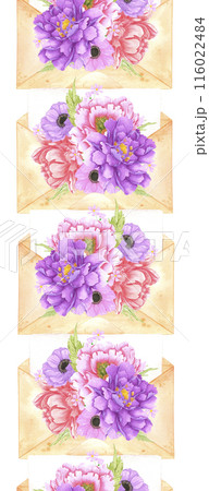Hand drawn watercolor letter with bouquet of flowers seamless vertical border isolated on white background. Can be used for textile, tape and other printed products. 116022484