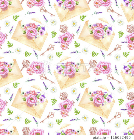 Hand drawn watercolor letter with bouquet of flowers and vintage keys seamless pattern isolated on white background. Can be used for textile, fabric and other printed products. 116022490