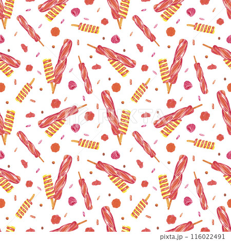 Hand drawn watercolor ice-cream popsicle and berries seamless pattern isolated on white background. Can be used for textile, fabric, wrapping and other printed products. 116022491