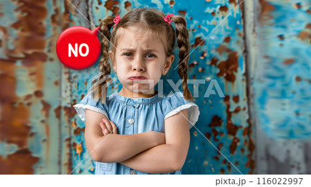 Defiant Expression: Little Girl Saying No. Generative AI	 116022997