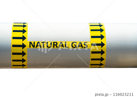 Natural gas pipeline isolated on white background. Pipe with gas flow direction sign 116023211