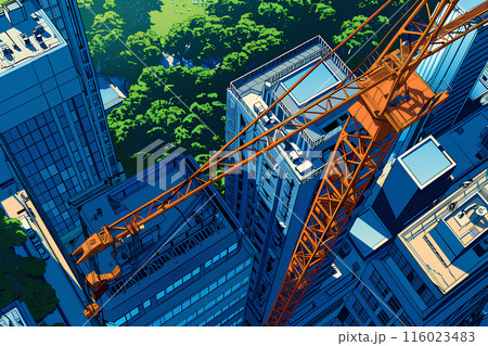 高層ビルとクレーンの建設現場-3 116023483