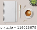 White notebook with spiral wire binding and elastic band, flat lay on table. Product mockup, design 116023679