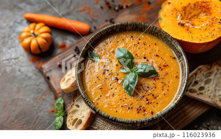 Bowl of creamy pumpkin soup garnished with fresh basil leaves on wooden table with slices of bread Bowl of creamy pumpkin soup garnished with fresh basil leaves on wooden table with slices of bread 116023936