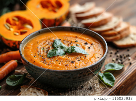 Bowl of creamy pumpkin soup garnished with fresh basil leaves on wooden table with slices of bread Bowl of creamy pumpkin soup garnished with fresh basil leaves on wooden table with slices of bread 116023938