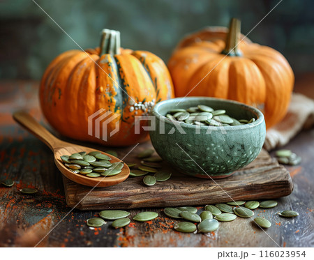 Rustic still life photograph whole pumpkins and ceramic bowl filled with green pumpkin seeds Rustic still life photograph whole pumpkins and ceramic bowl filled with green pumpkin seeds 116023954