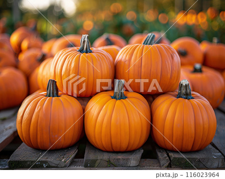 Large pile orange pumpkins stacked together, background blurred to highlight detailed textures 116023964