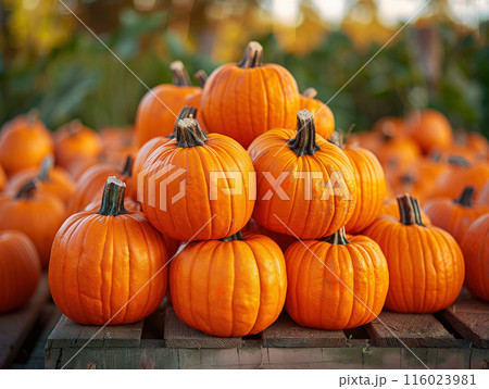 Large pile orange pumpkins stacked together, background blurred to highlight detailed textures 116023981