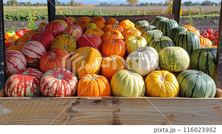 Harvest different varieties watermelons, orange, green, yellow, white on pickup truck standing Harvest different varieties watermelons, orange, green, yellow, white on pickup truck standing 116023982