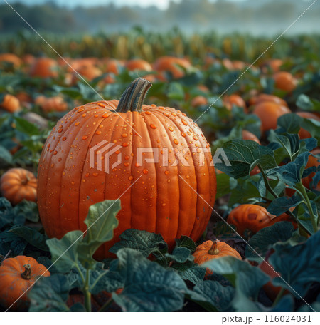 Close up single large pumpkin in pumpkin field, surrounded by green plants and other pumpkins 116024031