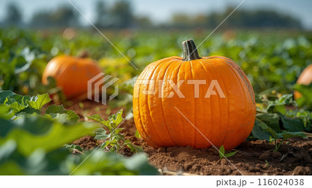 Close up single large pumpkin in pumpkin field, surrounded by green plants and other pumpkins 116024038