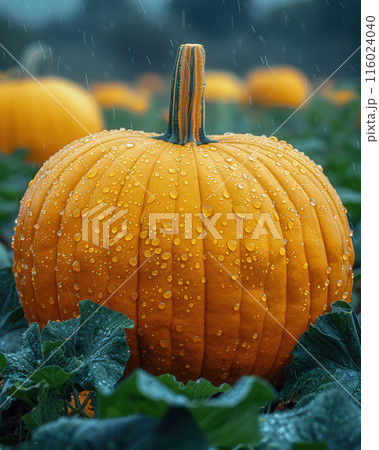 Close up single large pumpkin in pumpkin field, surrounded by green plants and other pumpkins 116024040
