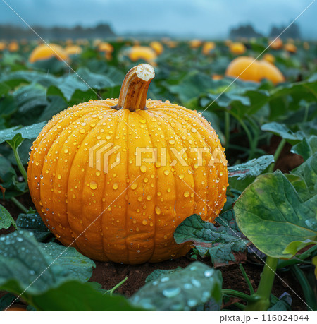 Close up single large pumpkin in pumpkin field, surrounded by green plants and other pumpkins Close up single large pumpkin in pumpkin field, surrounded by green plants and other pumpkins 116024044