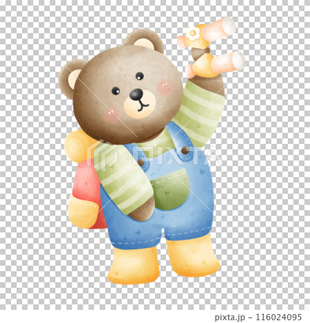 Cute bear traveler on an adventurous journey. Bear character hiking with a backpack. Animal for kids stories and fun adventures. 116024095