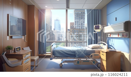 An empty, modern hospital room with medical equipment, a bed, and bright lighting, showcasing cleanliness and advanced healthcare facilities 116024211