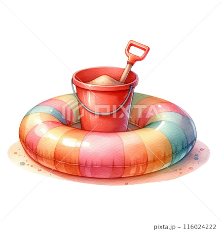 カラフルな浮き輪とおもちゃをいれるバケツ 116024222