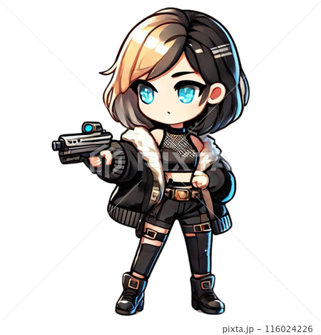銃を持った半分が黒、半分が金色の髪の毛の女の子 銃を持った半分が黒、半分が金色の髪の毛の女の子 116024226
