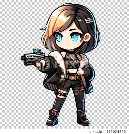 銃を持った半分が黒、半分が金色の髪の毛の女の子 銃を持った半分が黒、半分が金色の髪の毛の女の子 116024226