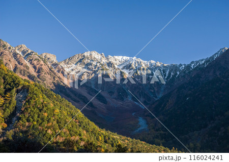 秋の上高地《朝の風景》日の出直後の穂高連峰 116024241