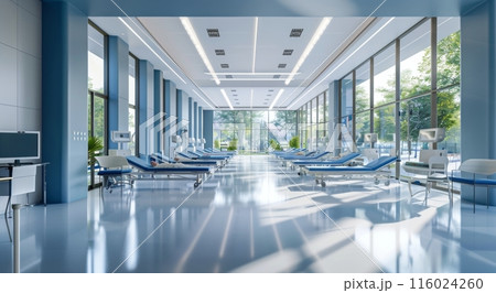 An empty, modern hospital room with medical equipment, a bed, and bright lighting, showcasing cleanliness and advanced healthcare facilities 116024260