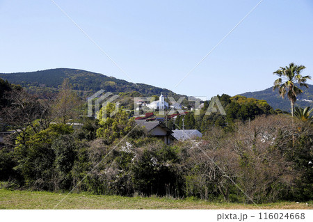 丘の上に建つ天草大江教会 116024668