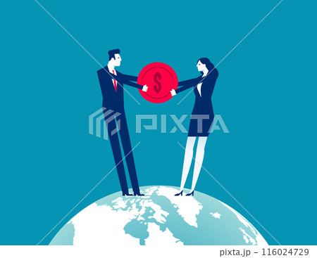 Businessperson with partner standing on the planet and fighting for coin money Businessperson with partner standing on the planet and fighting for coin money 116024729