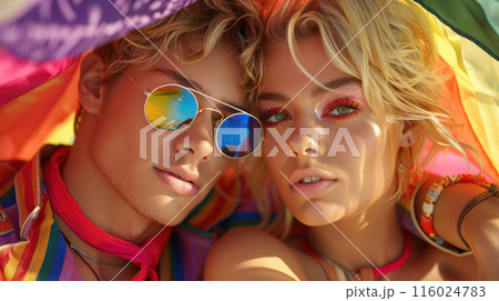 Young people bright make up standing next to each other smiling. One has iridescent paint on face 116024783