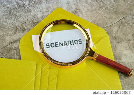 SCENARIOS text of concept written through a magnifying glass on a piece of mustard-colored envelope SCENARIOS text of concept written through a magnifying glass on a piece of mustard-colored envelope 116025067