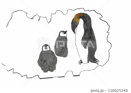 親子のペンギンを子供が描いた。母親は温かい目で子供を見つめる。生きる者の全てがそうであるように 親子のペンギンを子供が描いた。母親は温かい目で子供を見つめる。生きる者の全てがそうであるように 116025248