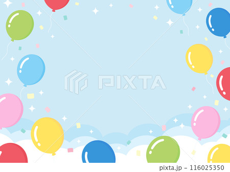風船と紙吹雪と青空の背景素材、運動会やイベント、誕生日やお祝に最適な明るい背景素材02	 116025350