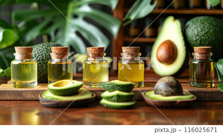 Various glass jars avocado oil cream arranged wooden table avocados leaves. Green foliage background 116025671