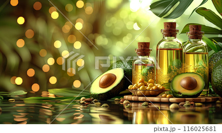 Luxury cosmetic products made from avocado oil. Different cans avocados. Concept natural cosmetics 116025681