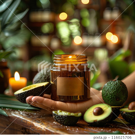 Various glass jars avocado oil cream arranged wooden table avocados leaves. Green foliage background 116025706
