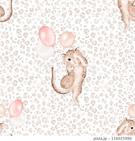 Seamless pattern with childish illustration of a leopard with a pink and beige balloons. Hand drawn watercolor illustration on isolated background. Seamless leopard skin print light color. Seamless pattern with childish illustration of a leopard with a pink and beige balloons. Hand drawn watercolor illustration on isolated background. Seamless leopard skin print light color. 116025998