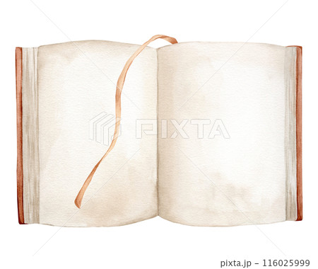Watercolor illustration book isolated on white background. Open book brown colors with bookmarks. Vintage old textbooks watercolor hand drawn. Blank pages for inserting text Watercolor illustration book isolated on white background. Open book brown colors with bookmarks. Vintage old textbooks watercolor hand drawn. Blank pages for inserting text 116025999