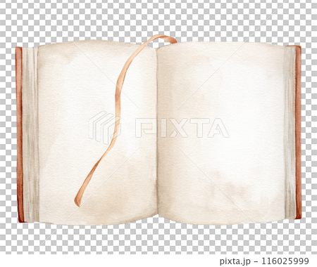 Watercolor illustration book isolated on white background. Open book brown colors with bookmarks. Vintage old textbooks watercolor hand drawn. Blank pages for inserting text Watercolor illustration book isolated on white background. Open book brown colors with bookmarks. Vintage old textbooks watercolor hand drawn. Blank pages for inserting text 116025999