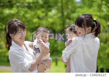 公園で幼児を抱いて談笑する2組の親子 116026127
