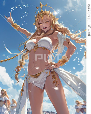 happy female priestess in white and gold costume dancing on the olympic stage, cartoon anime manga illustration mobile smartphone wallpaper lockscreen background 116026368