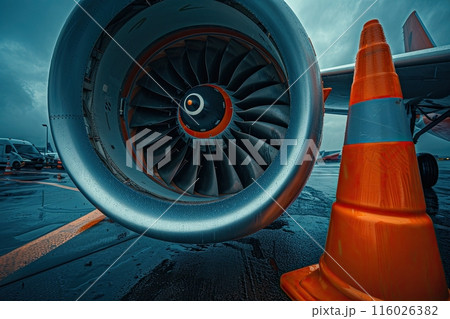 closeup of the engine of an airplane with a traffic cone next to it, emphasizing its power and elegance in high resolution 116026382