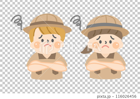 Children in explorer clothes with worried expressions 116026456