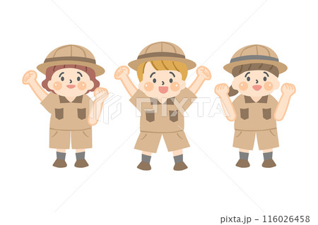ガッツポーズをする探検服を着た子供達の全身イラスト ガッツポーズをする探検服を着た子供達の全身イラスト 116026458