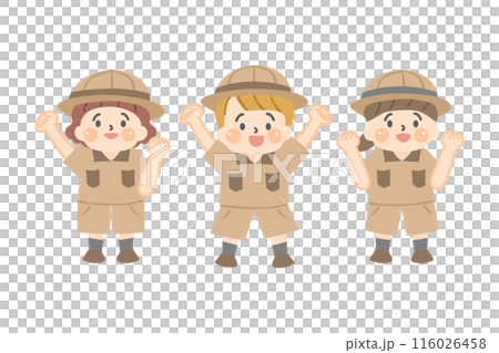 ガッツポーズをする探検服を着た子供達の全身イラスト ガッツポーズをする探検服を着た子供達の全身イラスト 116026458