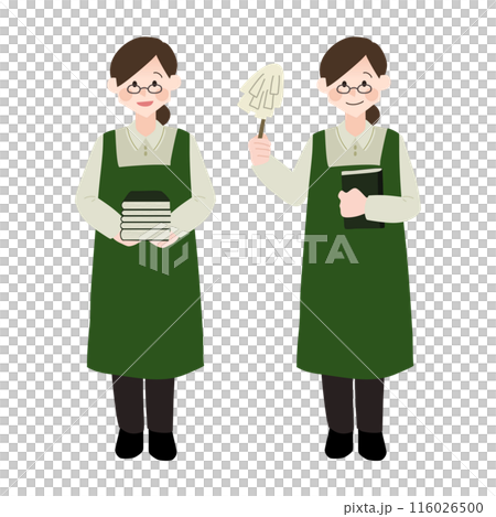 Bookstore clerk holding a book and a duster hand drawn vector illustration Bookstore clerk holding a book and a duster hand drawn vector illustration 116026500