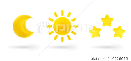 Set of cute 3d cartoon icons of heavenly bodies - crescent moon, shining sun and group of stars isolated on white background. Elements for ui and web design. Vector Illustration of 3d Render. 116026656