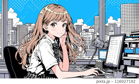 夏の空が窓から見えるオフィスでPCで作業中の若い女性