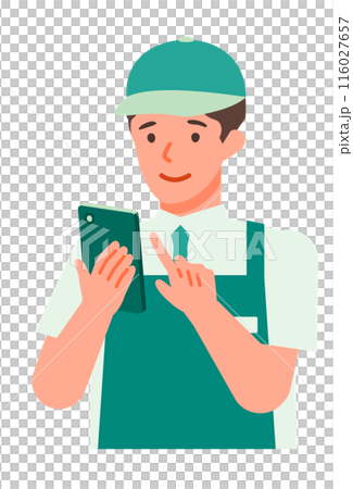 Illustration of a male retail clerk in an apron solving a problem with a smartphone 116027657