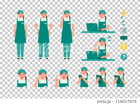 穿著圍裙的女零售店員解決問題的插圖 穿著圍裙的女零售店員解決問題的插圖 116027678