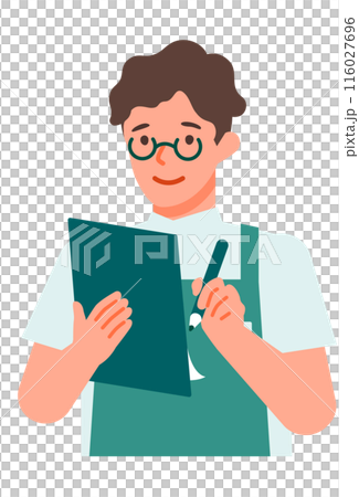 Illustration of problem solving by a male cafe or flower shop clerk, hand-drawn 116027696