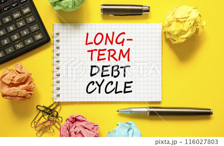 Long-term debt cycle symbol. Concept words Long-term debt cycle on beautiful white note. Beautiful yellow background. Calculator. Business Long-term debt cycle concept. Copy space. 116027803