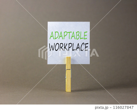 Adaptable workplace symbol. Concept words Adaptable workplace on beautiful white paper on wooden clothespin. Beautiful grey background. Business Adaptable workplace concept. Copy space. Adaptable workplace symbol. Concept words Adaptable workplace on beautiful white paper on wooden clothespin. Beautiful grey background. Business Adaptable workplace concept. Copy space. 116027847
